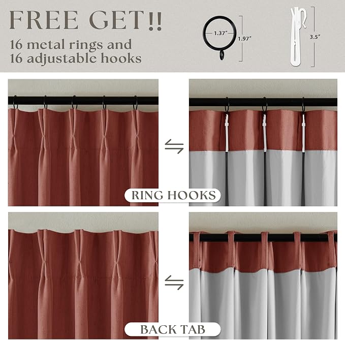 Terracotta Pinch Pleated 100% Blackout Linen 84 Inch Curtains | Room Darkening - Image 6