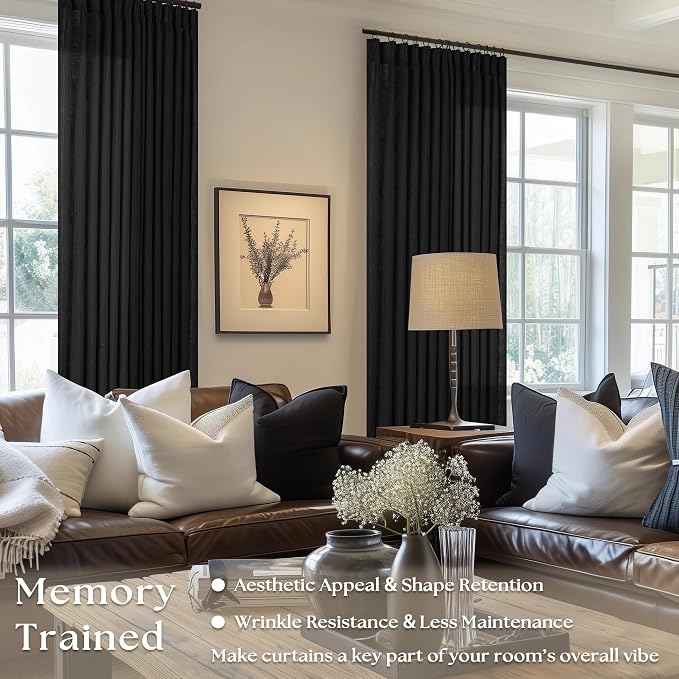 Black Pinch Pleated Linen Semi Sheer Curtains 45 Inch Length 2 Panels Set | - Image 2