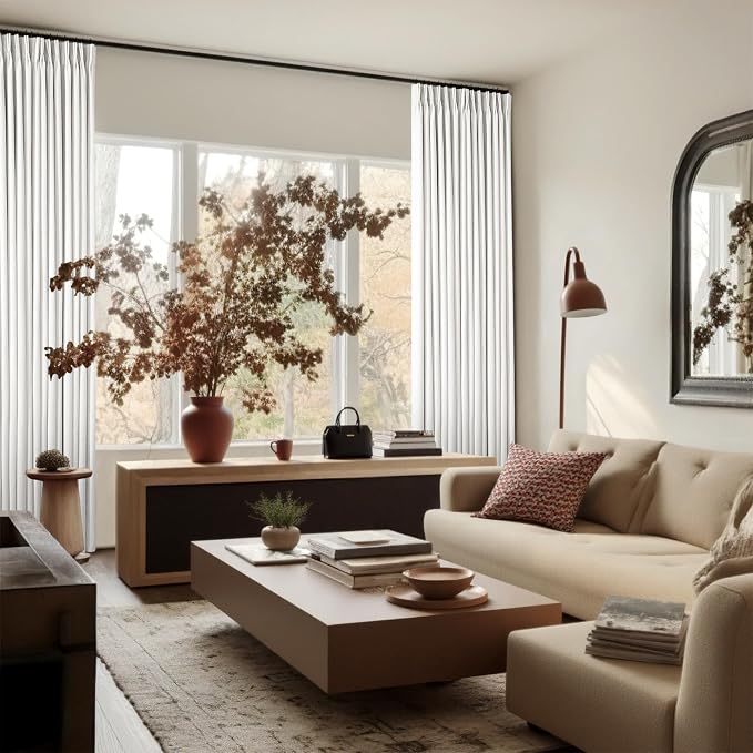 100% Blackout Pinch Pleated Linen 84 Inch Curtains 2 Panels Beige White | 2 - Image 9