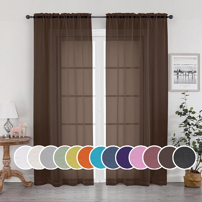 Sheer Chocolate Curtains, Sheer Curtains 84 inch Length 2 Panels Set, Rod by OWENIE