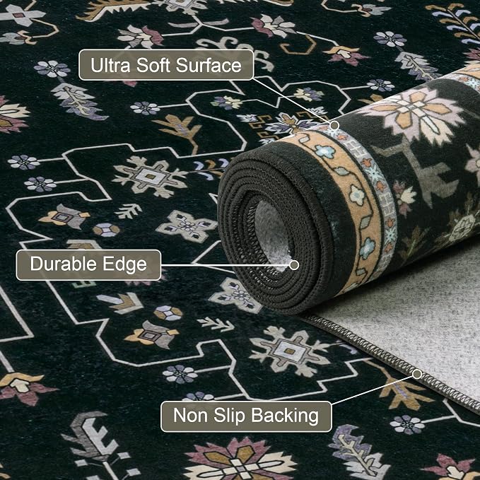 Round Area Rug for Living Room: 6ft Washable Rug for Bedroom Black | Vintage - Image 6