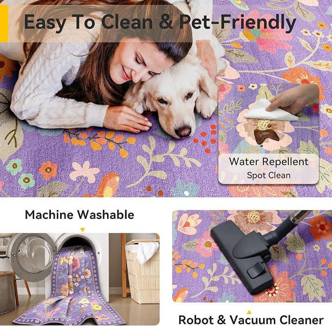 RELEANY Floral Washable Square 4ft Area Rug Purple/Pink | Flower Carpet Print - Image 4