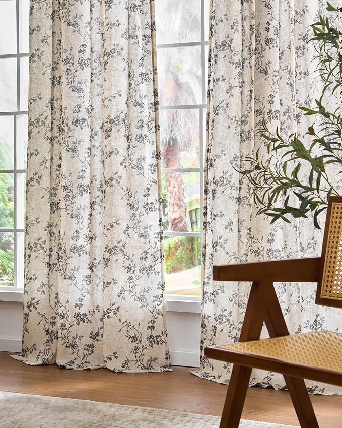 Black Vintage Floral Linen Curtains Farmhouse 50W X 96L 2 Panels | Elisa Series - Image 8