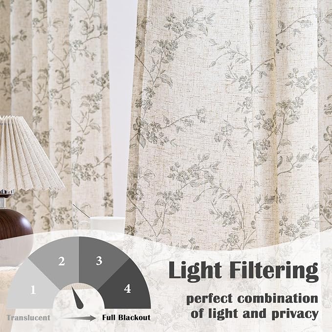 Grey Vintage Floral Linen Curtains Farmhouse 50W X 84L 2 Panels | Elisa Series - Image 3