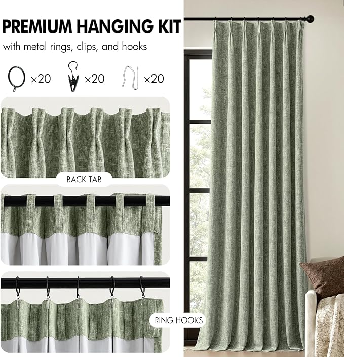 MIULEE Sage Green Pinch Pleated 100% Blackout Linen Curtains 40x84 Inches | - Image 8