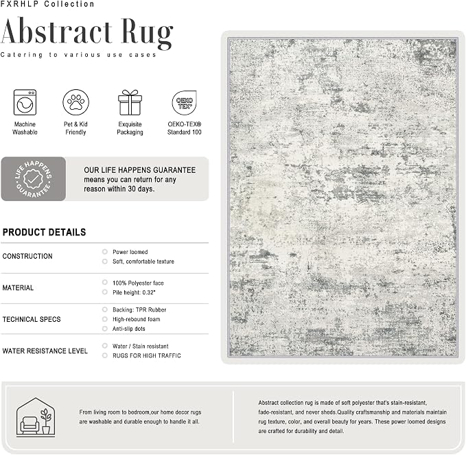 8x10 Area Rug Living Room: Modern Washable Indoor Soft Carpet Gray | - Image 2