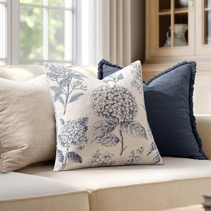 Set of 2 Decorative Floral Pillow Covers 20x20 Inch Navy Blue | Neutral - Image 3