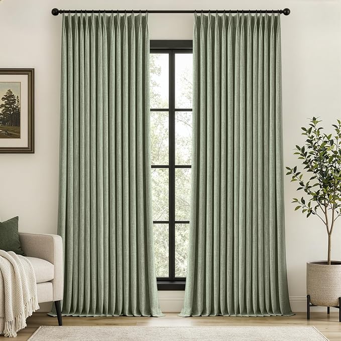 MIULEE Sage Green Pinch Pleated 100% Blackout Linen Curtains 40x84 Inches | by MIULEE