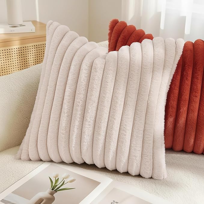 decorUhome Fall Faux Fur Throw Pillow Covers 22x22 Set of 2 Beige | Decorative - Image 4