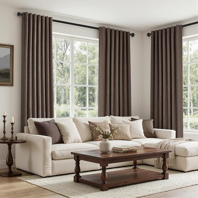 Dark Brown 95 inch Bedroom Living Room Curtains 2 Panels 100% Blackout Linen - Image 3