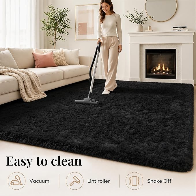 PLHXFR 4x6 Area Rugs Living Room: Fluffy Bedroom Rug Shag Carpet Black | - Image 8