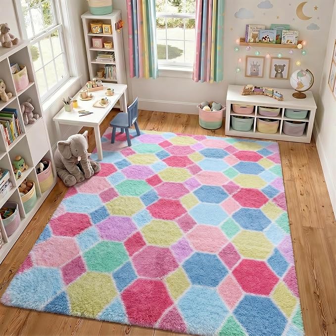 Checkered 6x9 Area Rugs for Living Room, Fluffy Pink Rainbow Girls Rug | Soft - Image 6