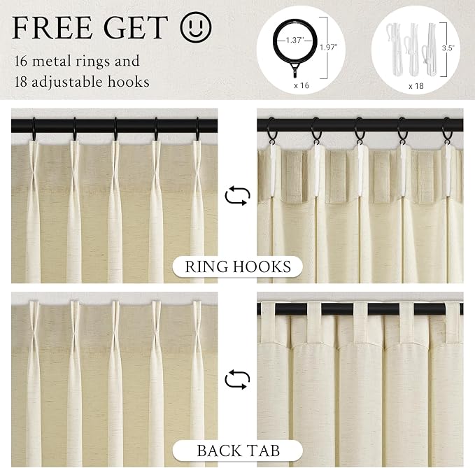 96 Inches Long Pinch Pleated Semi Sheer Curtains, Cream Linen Blended Light - Image 6