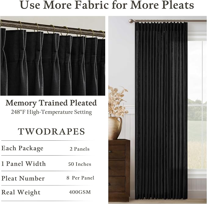 Black Linen Pleated Memory Shaped Semi Sheer Privacy Curtains 102 Inch Long | - Image 4