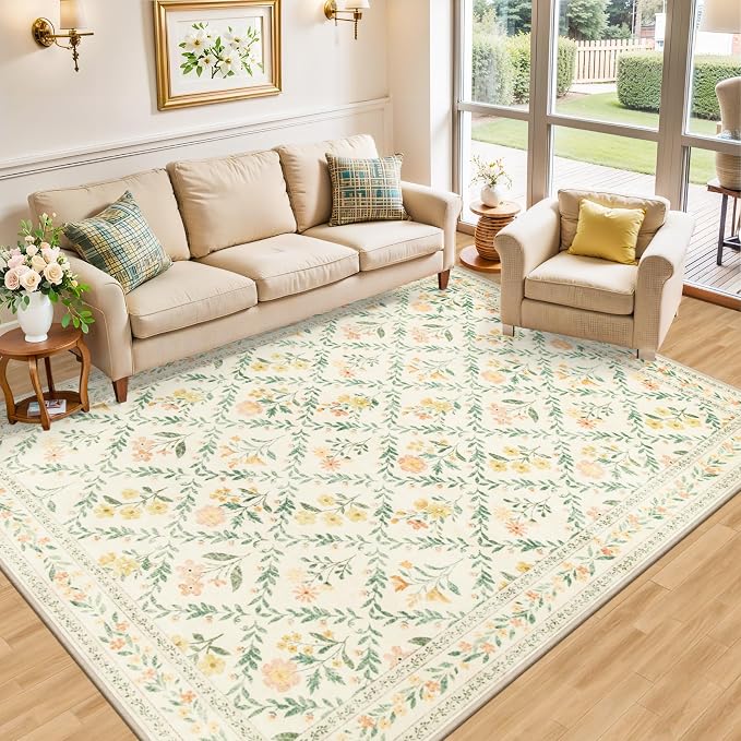 PLHXFR Area Rug 9x12 Living Room: Floral Washable Boho Carpet Beige Multi | - Image 3