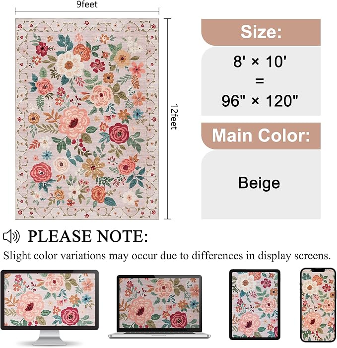 DUKINO 9x12 Area Rug for Living Room, Floral Washable Rug Non Slip, Low Pile - Image 2