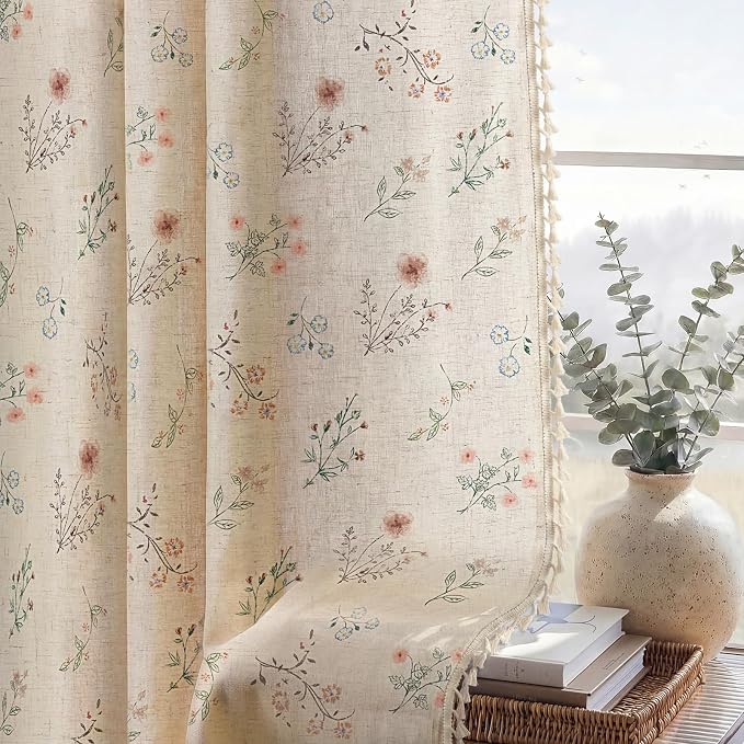 Boho Floral Light Filtering Curtains 96 Inch 2 Panels Linen Texture | Farmhouse - Image 5