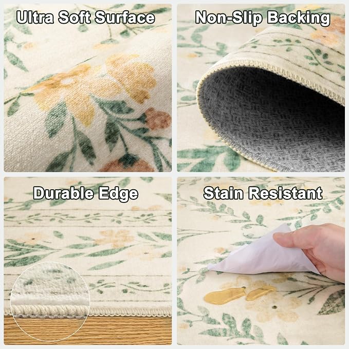 PLHXFR 2.6x14 Washable Runner Rug：Floral Indoor Kitchen Carpet Beige Multi | - Image 7