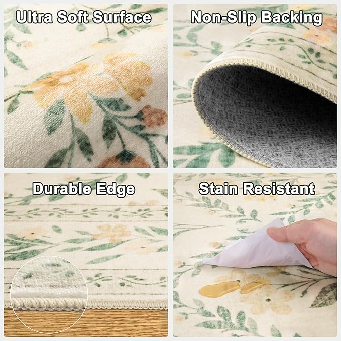 PLHXFR Area Rug Living Room: 3x5 Floral Washable Boho Carpet Beige Multi | - Image 7