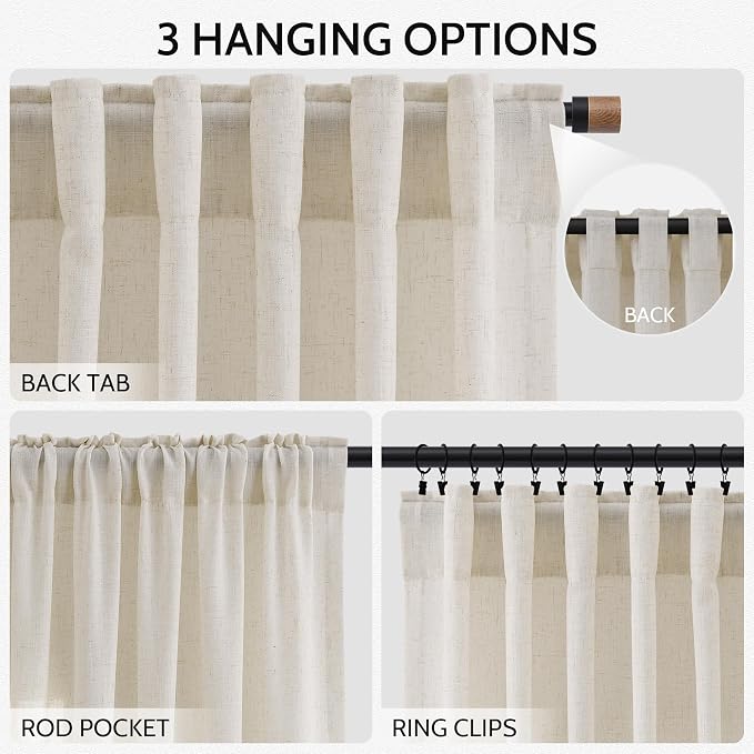 Warm Beige Linen Curtains Semi Sheer 96 Inches Long 2 Panels Set - Image 2