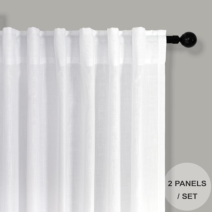 Pitalk White Linen Curtains for Living Room 100 Inches Long 2 Panels Pocket - Image 2