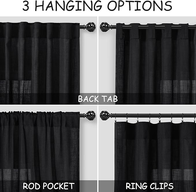 Linen Curtains 84 Inch Length for Living Room Bedroom Black Simple Modern Semi - Image 2