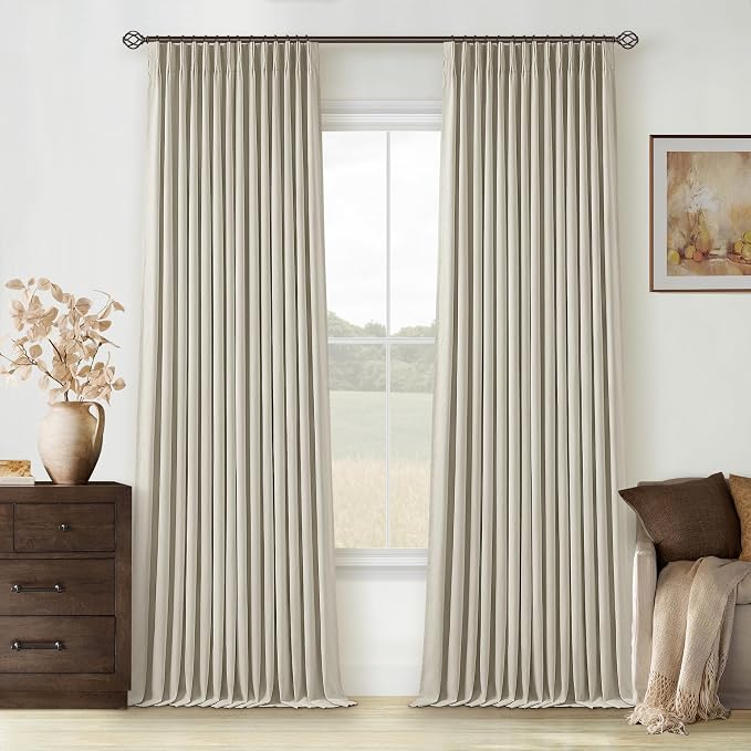 Oatmeal Beige Pinch Pleated 100% Blackout Linen Bedroom 96 Inch Curtains | by Twodrapes