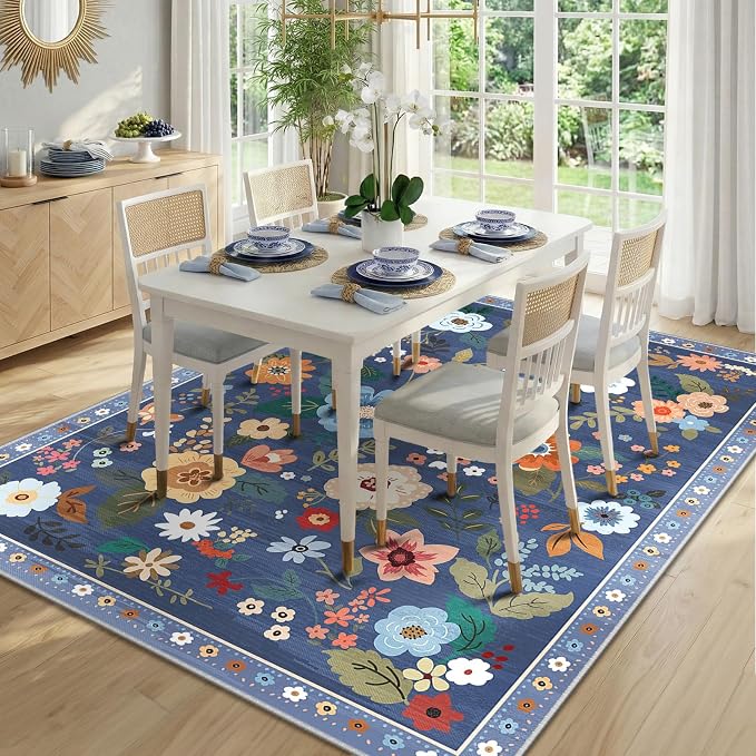 RELEANY Floral Washable 6x9 Area Rugs Blue/Grey | Flower Carpet Print Boho Cute - Image 3