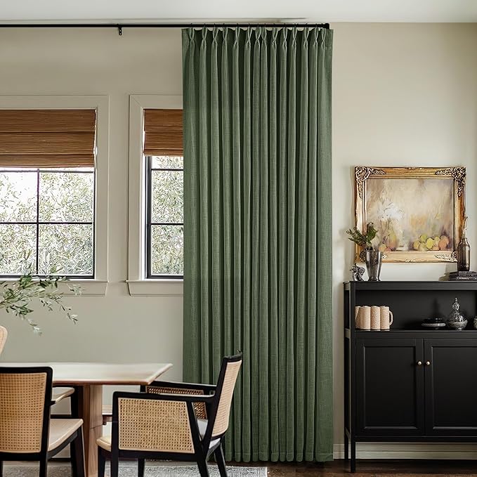 Olive Green Linen Pinch Pleated Light Filtering Curtains 84 Inches Long | Semi - Image 9