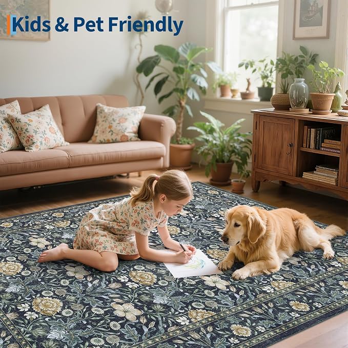 GarveeHome Washable Area Rug 5x7, Retro Floral Low Pile Non Slip Living Room - Image 7