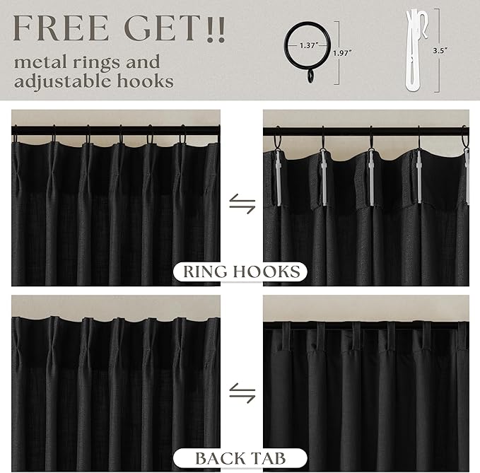 Black Pinch Pleated Linen Semi Sheer 80 Inch Curtains 2 Panels | Light Filtering - Image 5