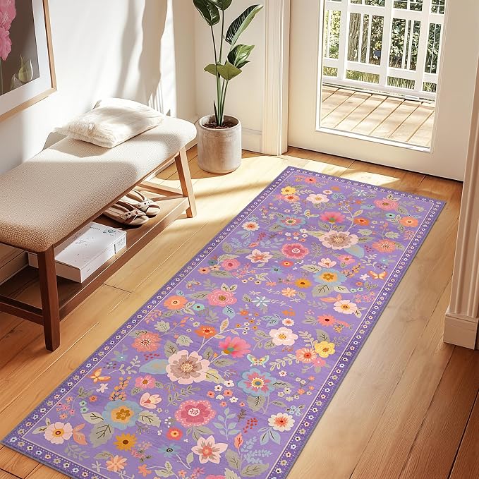 Floral Washable 2x5 Area Rugs Runner Entryway Hallway Purple/Pink | Flower - Image 9
