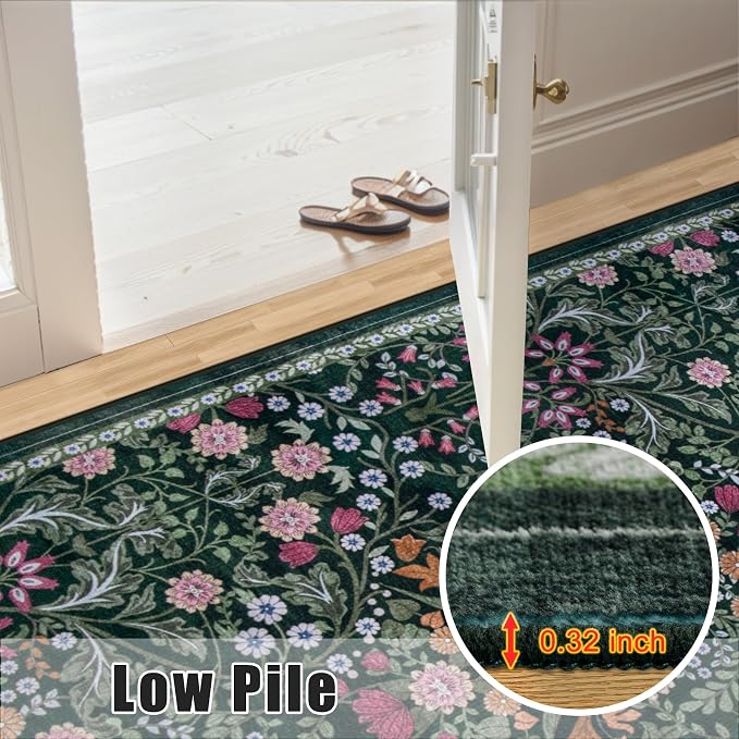 PLHXFR 8x10 Area Rug Living Room: Floral Washable Boho Carpet Dark Green | - Image 8
