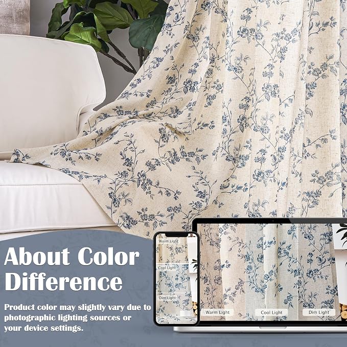 Blue Vintage Floral Linen Curtains Farmhouse 38W X 84L 2 Panels | Elisa Series - Image 6