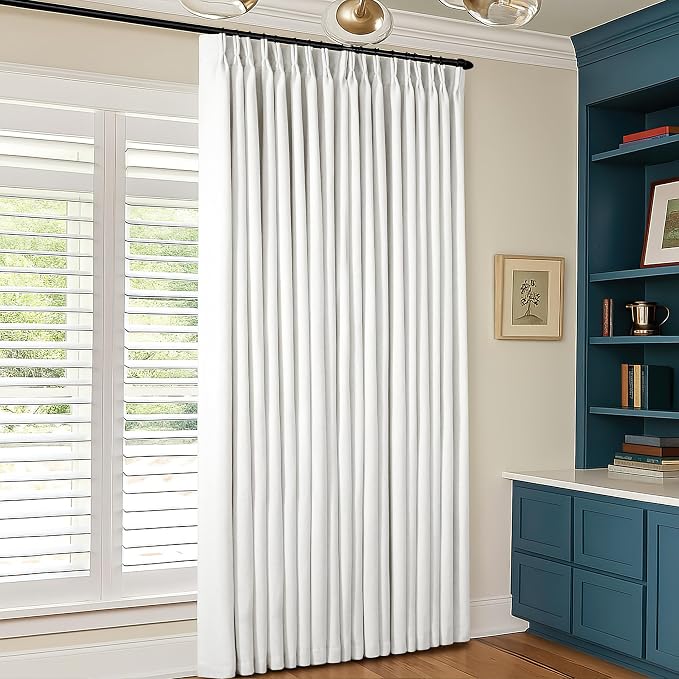 Beige White Pinch Pleated Blackout Linen 90 Inch Long Curtains 60 Inch Wide | by Twodrapes