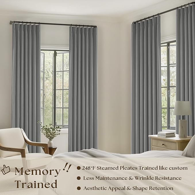Charcoal Grey Pinch Pleated 100% Blackout Linen 96 Inch Bedroom Curtains | - Image 2