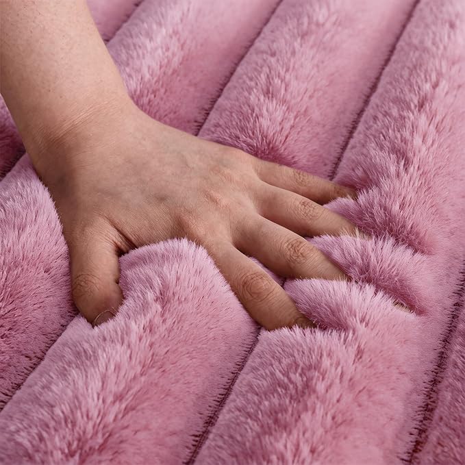 Dusty Rose Rabbit Striped Plush Rug 8'x10', Fluffy Shaggy Area Rug - Image 5