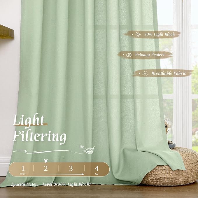 Light Green Linen Window Curtains 63 Inch Length - Image 4