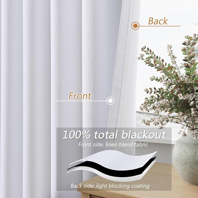 White 100% Blackout Linen Curtains 144 Inch Length 2 Panels Set - Image 3