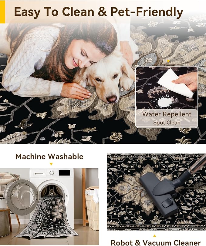 RELEANY Washable Area Rug, Water Repellent, Pet Friendly, Vintage Floral Boho - Image 6
