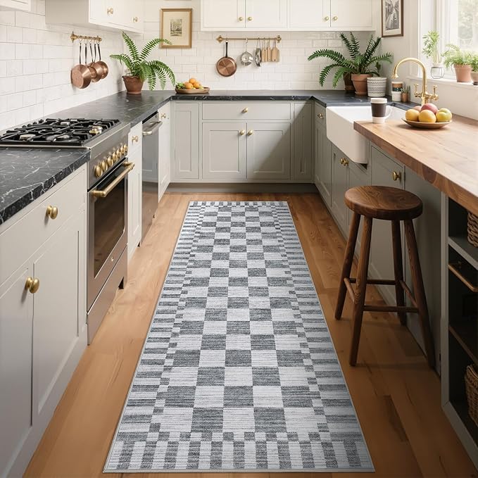 GarveeHome 2.5x10 Grey Checkered Kitchen Runner Rug by GarveeHome