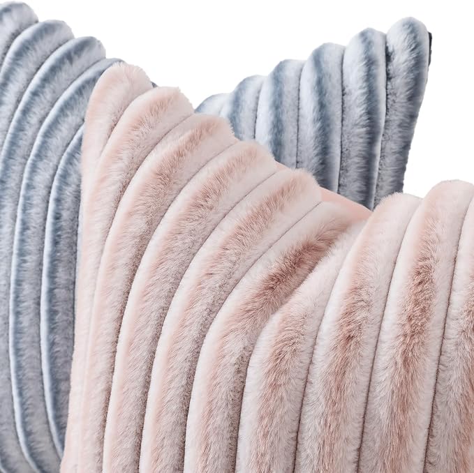 decorUhome Fall Faux Fur Throw Pillow Covers 16x16 Set of 2 Pink White | - Image 2