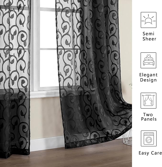 Furman Black Sheer Curtains 72 inches Long 2 Panels Set, Light Filtering Top - Image 5