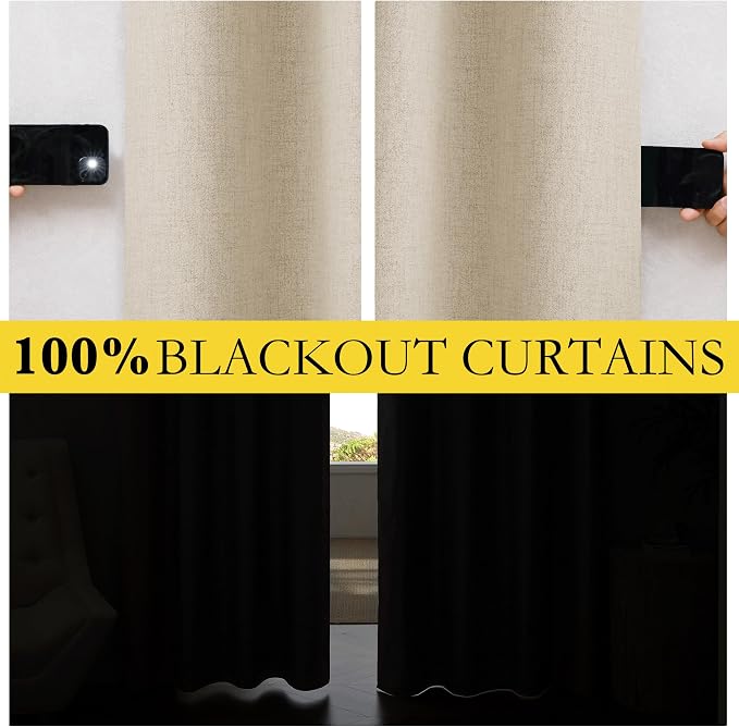 NICETOWN Cream 100% Blackout Linen Curtains 102 inch Long Burg - Image 3