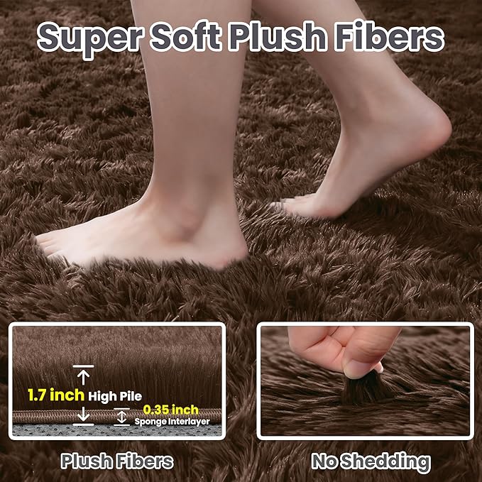6x9 Fluffy Shag Area Rugs for Living Room Bedroom: Soft Plush Carpet Brown | - Image 5