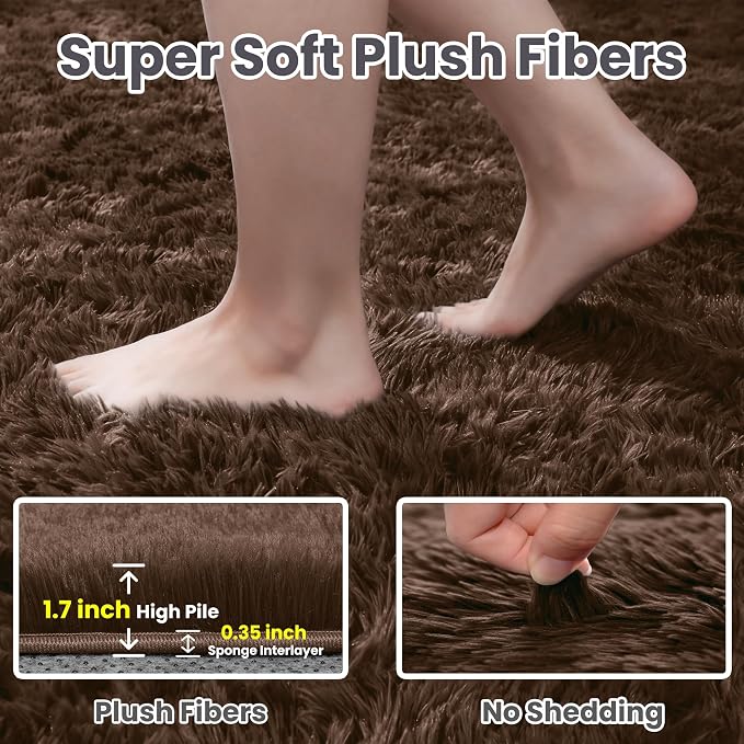 4x6 Fluffy Shag Area Rugs for Living Room Bedroom: Soft Plush Carpet Brown | - Image 5