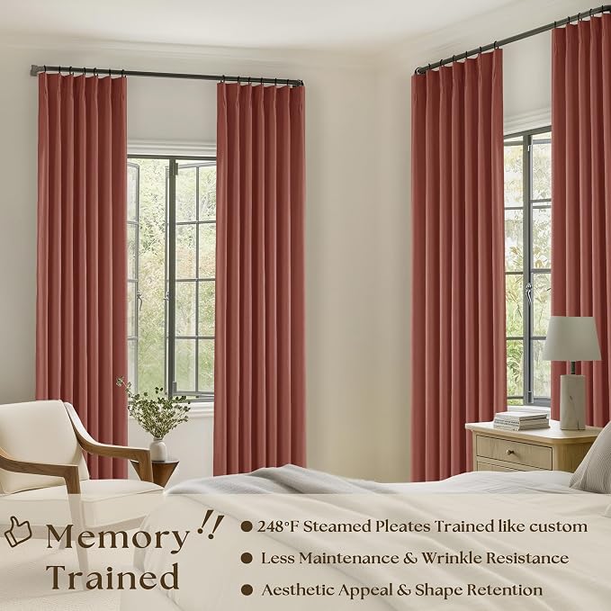 Terracotta 100% Black Out Pinch Pleat Linen 108 Inch Curtains | Black Out - Image 2