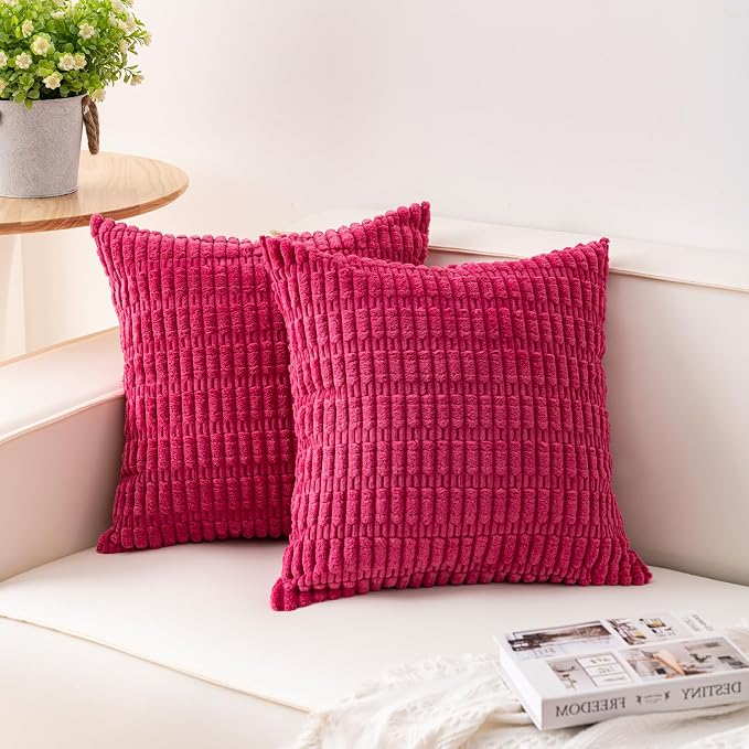 Pack of 2 Corduroy Decorative Throw Pillow Covers 20x20 Inch, Rose Red | Fall by Unknown