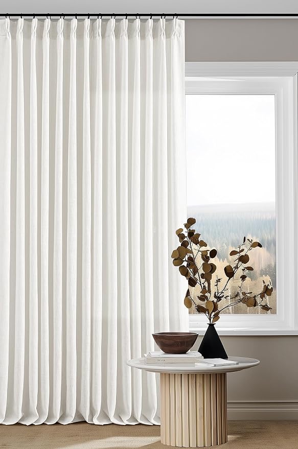 Beige White Pinch Pleated Linen Curtains 2 Panels 105 Inches Long | 400GSM by Twodrapes