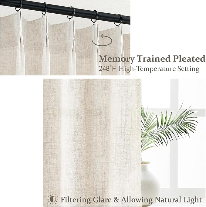 Pinch Pleated Semi Sheer 100 Inch Curtains, Pretty Neutral Cream Ivory Flax - Image 3